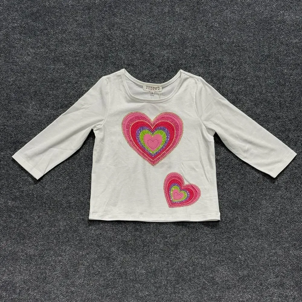 Hannah Banana Shirt Girls 8 White Heart Sequin Long Sleeve Graphic Top New